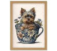 Artery8 Cute Teacup Yorkshire Terrier Dog and Flowers in Floral Tea Cup Modern Watercolour Illustration Artwork Framed Wall Art Print A4