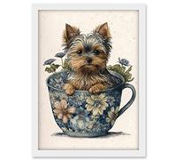 Artery8 Cute Teacup Yorkshire Terrier Dog and Flowers in Floral Tea Cup Modern Watercolour Illustration Artwork Framed A3 Wall Art Print