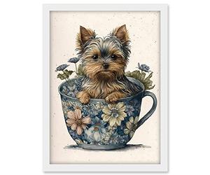 Artery8 Cute Teacup Yorkshire Terrier Dog and Flowers in Floral Tea Cup Modern Watercolour Illustration Artwork Framed A3 Wall Art Print