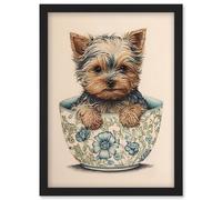 Artery8 Cute Teacup Yorkshire Terrier Dog in Floral Pattern Tea Cup Watercolour Illustration Artwork Framed Wall Art Print A4 in Black Artery8 Black