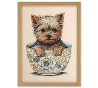 Artery8 Cute Teacup Yorkshire Terrier Dog in Floral Pattern Tea Cup Watercolour Illustration Artwork Framed Wall Art Print A4 in Light Oak Artery8 Light Oak