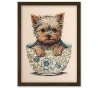 Artery8 Cute Teacup Yorkshire Terrier Dog in Floral Pattern Tea Cup Watercolour Illustration Artwork Framed Wall Art Print A4 in Brown Artery8 Brown