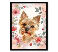 Artery8 Cute Teacup Yorkshire Terrier Dog Pink Floral Framed Wall Art | Size: W12" x H16" Artery8 Pink W12" x H16"