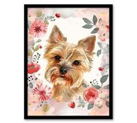 Cute Teacup Yorkshire Terrier Dog Pink Floral Framed Wall Art Artery8 Pink A4