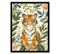 Artery8 Cute Tiger in Floral Tropical Jungle Watercolour Living Room Artwork Framed Wall Art Print A4