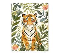 Artery8 Cute Tiger in Floral Tropical Jungle Watercolour Living Room Unframed Wall Art Print Poster Home Decor Premium