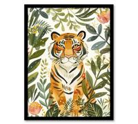 Artery8 Cute Tiger In Floral Tropical Jungle Watercolour Wall Art Print - A4 Size