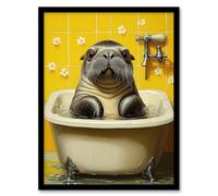 Artery8 Cute Walrus Yellow Bathroom Bathtub Bath Time Framed Art Print | Size: A4 Artery8 Yellow A4