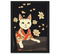 Doppelganger33 LTD Cute White Cat In Red Kimono Sitting On The Floor In Japanese House Artwork Framed Wall Art Print A4