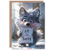 Artery8 Cute Wolf Puppy Holding So Sorry Sign Cartoon Apology Card in Grey Artery8 Grey