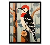 Artery8 Cute Woodpecker Bird on Forest Tree Red Blue Brown Retro Mosaic Painting Artwork Framed Wall Art Print 18X24 Inch
