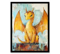 Artery8 Cute Yellow Dragon with Big Wings Oil Painting Framed Art Print | Size: W12" x H16" Artery8 Yellow W12" x H16"