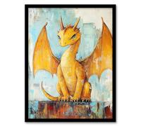 Cute Yellow Dragon with Big Wings Oil Painting Framed Art Print Artery8 Yellow A4