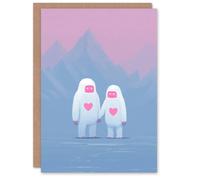 Artery8 Cute Yeti Couple in Pastel Mountain Landscape Valentine's Day Card