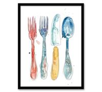 Cutlery Fork Knife Spoon Bright Happy Watercolour Framed Art Print Artery8 Grey A4