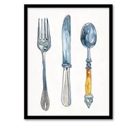 Cutlery Fork Spoon and Knife Bright Watercolour Framed Wall Art Artery8 Grey A4