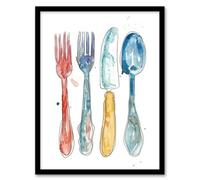 Artery8 Cutlery Fork Knife Spoon Bright Happy Watercolour Framed Art Print in Grey | Size: A4 Artery8 Grey A4