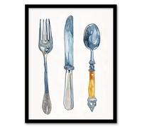 Artery8 Cutlery Fork Spoon and Knife Bright Watercolour Kitchen Artwork Framed Wall Art Print A4