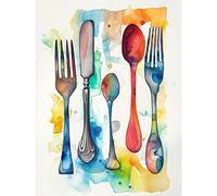 Artery8 Cutlery Forks Spoons And Knife Watercolour Painting Extra Large XL Wall Art Poster Print