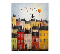 Artery8 Cycling The Rooftops Celebration Whimsical Fun Townscape Artwork Painting Unframed Wall Art Print Poster Home Decor Premium