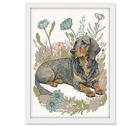 Artery8 Dachshund Dog Lying in Flower Field Pastel Watercolour Illustration Artwork Framed A3 Wall Art Print