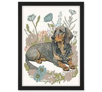 Artery8 Dachshund Dog Lying in Flower Field Pastel Watercolour Illustration Artwork Framed A3 Wall Art Print