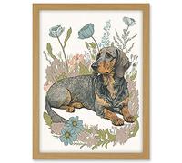 Artery8 Dachshund Dog Lying in Flower Field Pastel Watercolour Illustration Artwork Framed A3 Wall Art Print