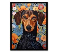 Artery8 Dachshund Dog On Elegant Floral Backdrop William Morris Style Pattern Artwork Framed Wall Art Print A4