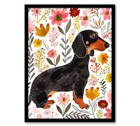 Artery8 Dachshund Sausage Dog Lover Floral Watercolour Framed Wall Art | Size: W12" x H16" Artery8 Multicolor W12" x H16"
