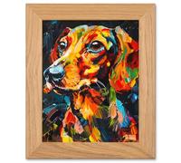 Artery8 Dachshund Sausage Dog Lover Portrait - Vibrant Pet Art - Oak Wood Framed Print