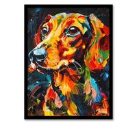 Artery8 Dachshund Sausage Dog Lover Vibrant Portrait Living Room Art Print Framed Poster Wall Decor 12x16 inch