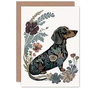 Artery8 Dachshund Shorthaired Dog with Floral Patterns Colourful Modern Illustration Art Birthday Sealed Greeting Card Plus Envelope Blank inside
