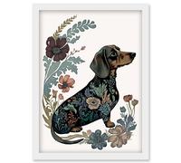Artery8 Dachshund Shorthaired Dog with Floral Patterns Colourful Modern Illustration Artwork Framed Wall Art Print A4 in White Artery8 White