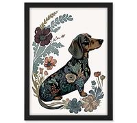 Artery8 Dachshund Shorthaired Dog with Floral Patterns Colourful Modern Illustration Artwork Framed A3 Wall Art Print