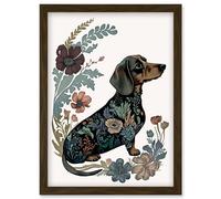 Artery8 Dachshund Shorthaired Dog with Floral Patterns Colourful Modern Illustration Artwork Framed Wall Art Print A4 in Brown Artery8 Brown