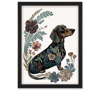Artery8 Dachshund Shorthaired Dog with Floral Patterns Colourful Modern Illustration Artwork Framed Wall Art Print A4 in Black Artery8 Black