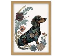 Artery8 Dachshund Shorthaired Dog with Floral Patterns Colourful Modern Illustration Artwork Framed Wall Art Print A4 in Light Oak Artery8 Light Oak