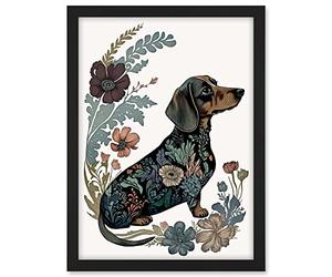 Artery8 Dachshund Shorthaired Dog with Floral Patterns Colourful Modern Illustration Artwork Framed A3 Wall Art Print