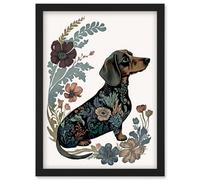 Artery8 Dachshund Shorthaired Dog with Floral Patterns Colourful Modern Illustration Artwork Framed Wall Art Print A4 in Black Artery8 Black