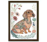 Artery8 Dachshund Shorthaired Dog with Ornate Floral Patterns Colourful Colour Pencil Illustration Artwork Framed Wall Art Print A4 in Brown Artery8 Brown