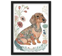 Artery8 Dachshund Shorthaired Dog with Ornate Floral Patterns Colourful Colour Pencil Illustration Artwork Framed Wall Art Print A4 in Black Artery8 Black