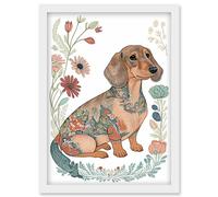 Artery8 Dachshund Shorthaired Dog with Ornate Floral Patterns Colourful Colour Pencil Illustration Artwork Framed Wall Art Print A4 in White Artery8 White
