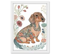 Artery8 Dachshund Shorthaired Dog with Ornate Floral Patterns Colourful Colour Pencil Illustration Artwork Framed A3 Wall Art Print