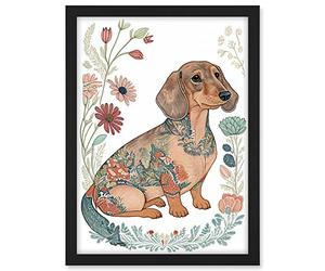 Artery8 Dachshund Shorthaired Dog with Ornate Floral Patterns Colourful Colour Pencil Illustration Artwork Framed A3 Wall Art Print