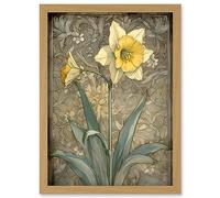 Artery8 Daffodil Flower Pastel Watercolour Art Nouveau Artwork Framed Wall Art Print A4