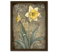 Artery8 Daffodil Flower Pastel Watercolour Art Nouveau Artwork Framed Wall Art Print A4