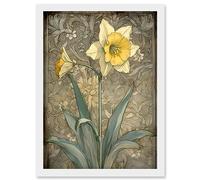Artery8 Daffodil Flower Pastel Watercolour Art Nouveau Artwork Framed Wall Art Print A4