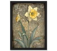 Artery8 Daffodil Flower Pastel Watercolour Art Nouveau Artwork Framed Wall Art Print A4