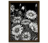 Artery8 Daisy Flower Field Black and White Illustration Artwork Framed A3 Wall Art Print