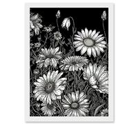 Artery8 Daisy Flower Field Black and White Illustration Artwork Framed A3 Wall Art Print